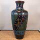 Antique Japanese Meiji Green & Black Cloisonne Vase Flowers Butterflies Japan