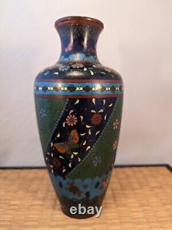 Antique Japanese Meiji Green & Black Cloisonne Vase Flowers Butterflies Japan