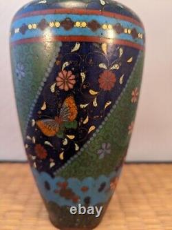 Antique Japanese Meiji Green & Black Cloisonne Vase Flowers Butterflies Japan