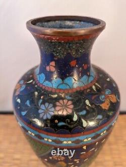 Antique Japanese Meiji Green & Black Cloisonne Vase Flowers Butterflies Japan