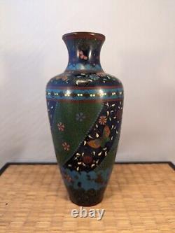 Antique Japanese Meiji Green & Black Cloisonne Vase Flowers Butterflies Japan