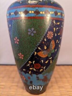 Antique Japanese Meiji Green & Black Cloisonne Vase Flowers Butterflies Japan