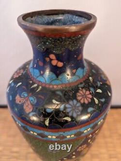 Antique Japanese Meiji Green & Black Cloisonne Vase Flowers Butterflies Japan