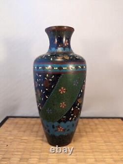 Antique Japanese Meiji Green & Black Cloisonne Vase Flowers Butterflies Japan