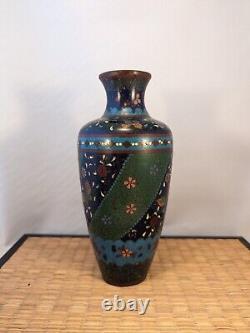 Antique Japanese Meiji Green & Black Cloisonne Vase Flowers Butterflies Japan