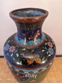 Antique Japanese Meiji Green & Black Cloisonne Vase Flowers Butterflies Japan