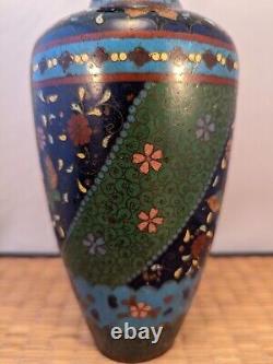 Antique Japanese Meiji Green & Black Cloisonne Vase Flowers Butterflies Japan