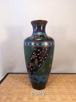 Antique Japanese Meiji Green & Black Cloisonne Vase Flowers Butterflies Japan