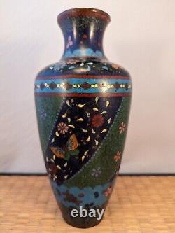 Antique Japanese Meiji Green & Black Cloisonne Vase Flowers Butterflies Japan