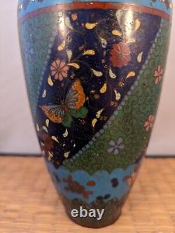 Antique Japanese Meiji Green & Black Cloisonne Vase Flowers Butterflies Japan