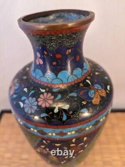 Antique Japanese Meiji Green & Black Cloisonne Vase Flowers Butterflies Japan