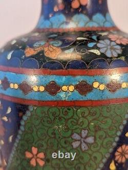 Antique Japanese Meiji Green & Black Cloisonne Vase Flowers Butterflies Japan