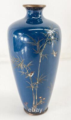 Antique Japanese Meiji Kyoto Cloisonne Enamel Vase with Birds and Bamboo