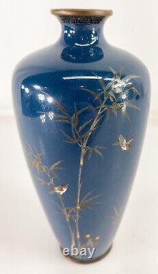 Antique Japanese Meiji Kyoto Cloisonne Enamel Vase with Birds and Bamboo