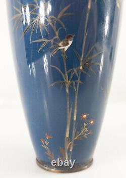 Antique Japanese Meiji Kyoto Cloisonne Enamel Vase with Birds and Bamboo