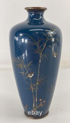 Antique Japanese Meiji Kyoto Cloisonne Enamel Vase with Birds and Bamboo