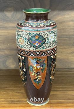 Antique Japanese Meiji Nagoya Cloisonne Enamel Vase, Dragons + Phoenix
