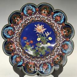 Antique Japanese Meiji Period Cloisonne Blue Ground Lobed Plate