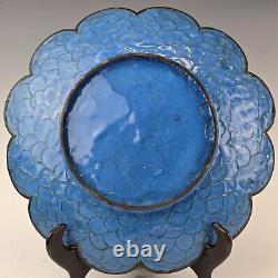 Antique Japanese Meiji Period Cloisonne Blue Ground Lobed Plate