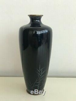 Antique Japanese Meiji Period Cloisonne Enameled Birds Vase Black 18,5 cm. RARE