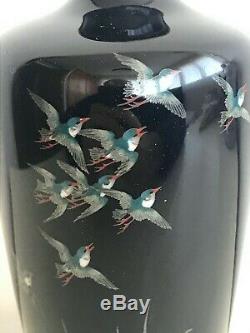 Antique Japanese Meiji Period Cloisonne Enameled Birds Vase Black 18,5 cm. RARE