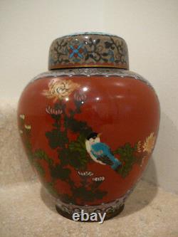 Antique Japanese Meiji Period Cloisonne Ginger Jar Cover Birds Butterfly Floral