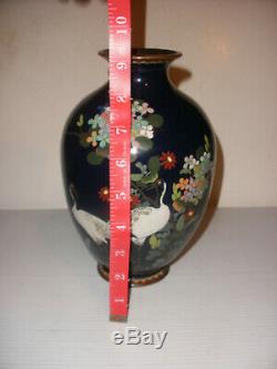Antique Japanese Meiji era cloisonne cobalt vase with crane floral decoration