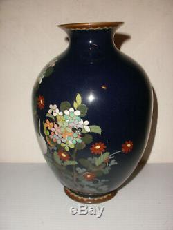 Antique Japanese Meiji era cloisonne cobalt vase with crane floral decoration