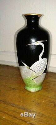 Antique Japanese Meiji era foil cloisonne signed vase with cranes birds decoration