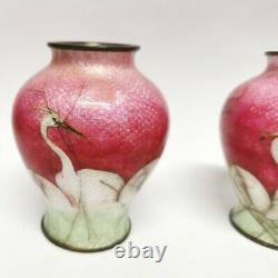 Antique Japanese Meiji period ginbari Cloisonne Enamel Pink vase with cranes