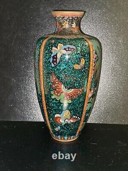Antique Japanese Meiji period vase enamel cloisonné gold-foil butterfies 7 Tall