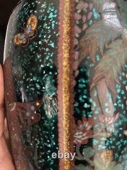 Antique Japanese Meiji period vase enamel cloisonné gold-foil butterfies 7 Tall