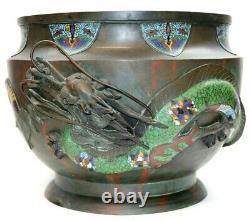 Antique Japanese Meji Era Impressive Bronze Champleve Dragon Large Vase Pot Rare