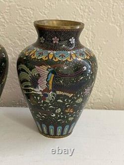Antique Japanese Mirrored Pair of Cloisonne Vases w Phoenix Goldstone Floral Dec