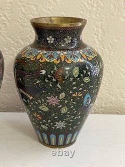 Antique Japanese Mirrored Pair of Cloisonne Vases w Phoenix Goldstone Floral Dec