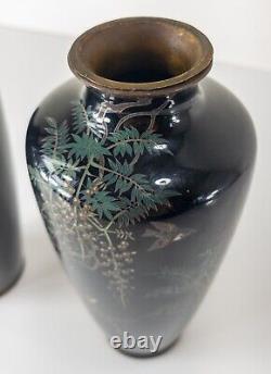 Antique Japanese Pair of Meiji Cloisonne Enamel Vases Birds Wisteria