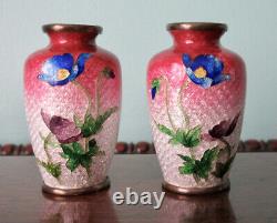 Antique Japanese Pair of Miniature Ginbari Cloisonne Vases Blue Poppies Meiji