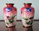 Antique Japanese Pair Of Miniature Ginbari Cloisonne Vases Blue Poppies Meiji