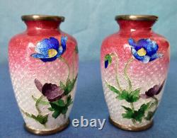 Antique Japanese Pair of Miniature Ginbari Cloisonne Vases Blue Poppies Meiji