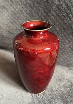 Antique Japanese Pigeon Blood Ginbari Silver Foil Bamboo Cloisonne Vase 12 1/8