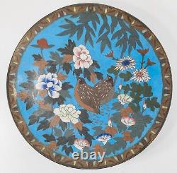 Antique Japanese Polychrome Cloisonne Enamel Charger with Grouse Flowers