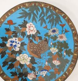 Antique Japanese Polychrome Cloisonne Enamel Charger with Grouse Flowers