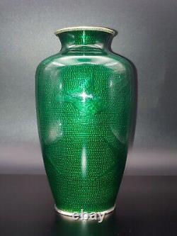 Antique Japanese Sato Cloisonne Bamboo Bird Green Enamel Sterling Silver Vase