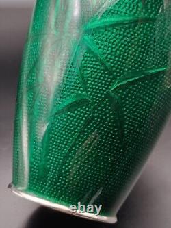 Antique Japanese Sato Cloisonne Bamboo Bird Green Enamel Sterling Silver Vase