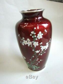 Antique Japanese Sato Style Cloisonne Enamel 8'' Pigeon Blood Red Floral Vase