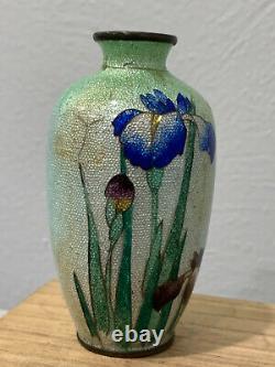 Antique Japanese Signed Miniature Ginbari Cloisonne Vase with Flowers Decoration