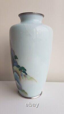 Antique Japanese Sky Blue Cloisonne Vase Landscape Scene Japan 7 3/8