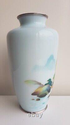 Antique Japanese Sky Blue Cloisonne Vase Landscape Scene Japan 7 3/8