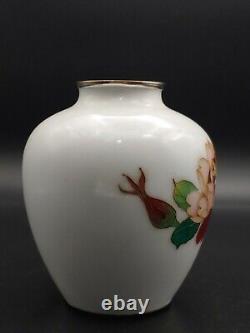 Antique Japanese White Cloisonne Silver Lip Wired Flowers Vase Art