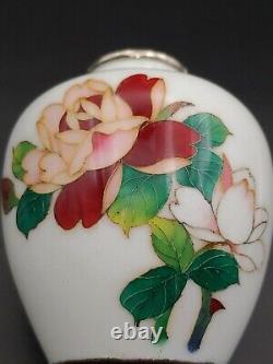 Antique Japanese White Cloisonne Silver Lip Wired Flowers Vase Art